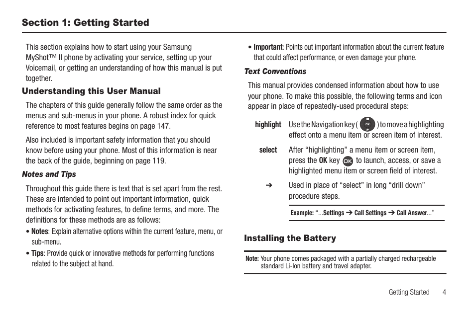 Section 1: getting started, Understanding this user manual, Notes and tips | Text conventions, Installing the battery | Samsung SCH-R460WRACRI User Manual | Page 7 / 153