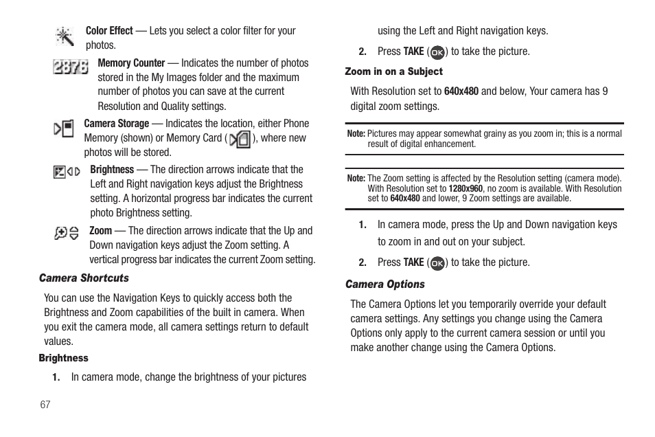 Camera shortcuts, Brightness, Zoom in on a subject | Camera options | Samsung SCH-R460WRACRI User Manual | Page 70 / 153