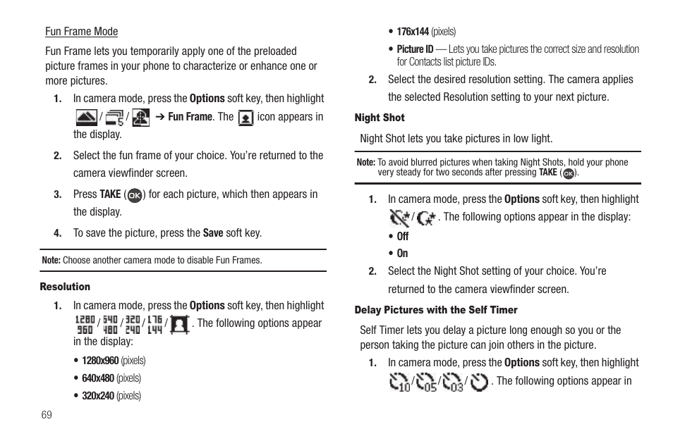 Resolution, Night shot, Delay pictures with the self timer | Samsung SCH-R460WRACRI User Manual | Page 72 / 153