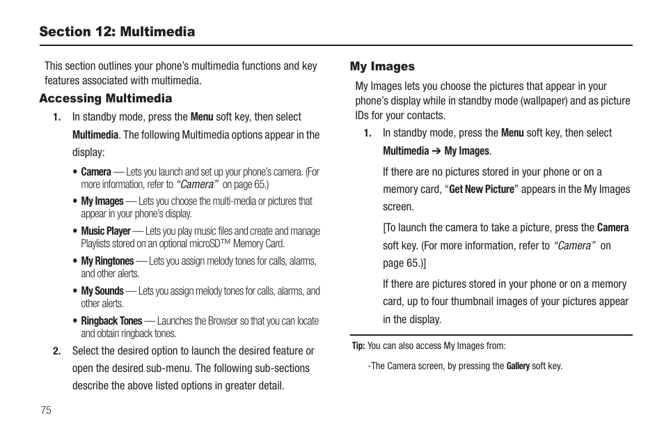 Section 12: multimedia, Accessing multimedia, My images | Accessing multimedia my images, For more | Samsung SCH-R460WRACRI User Manual | Page 78 / 153