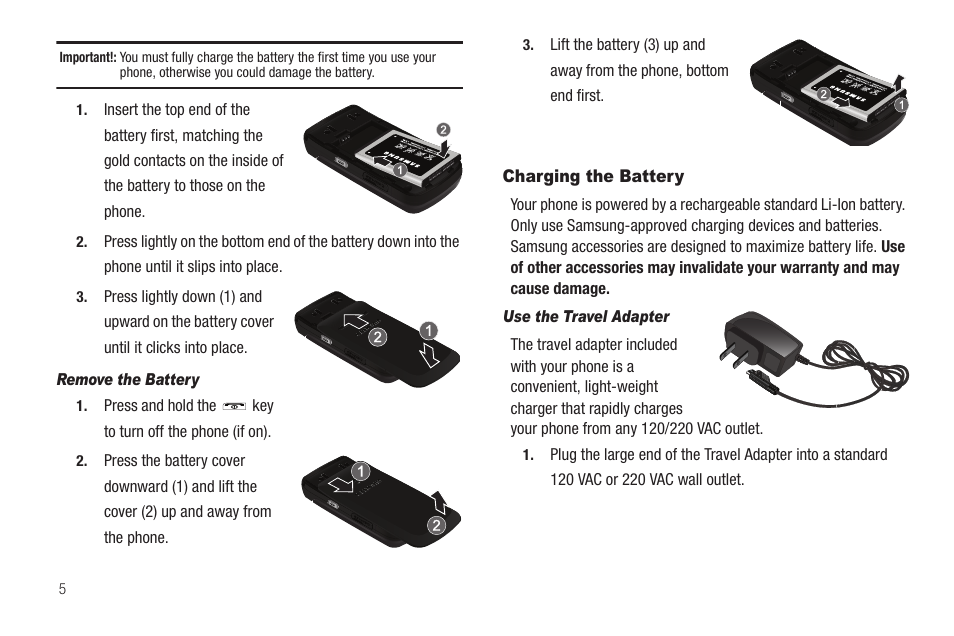 Remove the battery, Charging the battery, Use the travel adapter | Samsung SCH-R460WRACRI User Manual | Page 8 / 153