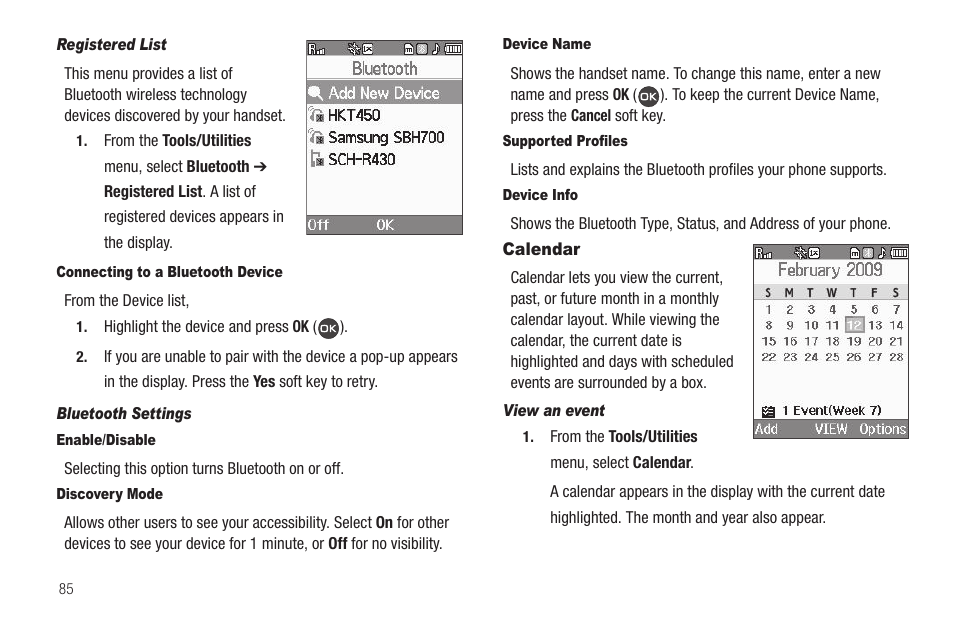 Registered list, Connecting to a bluetooth device, Bluetooth settings | Enable/disable, Discovery mode, Device name, Supported profiles, Device info, Calendar, View an event | Samsung SCH-R460WRACRI User Manual | Page 88 / 153