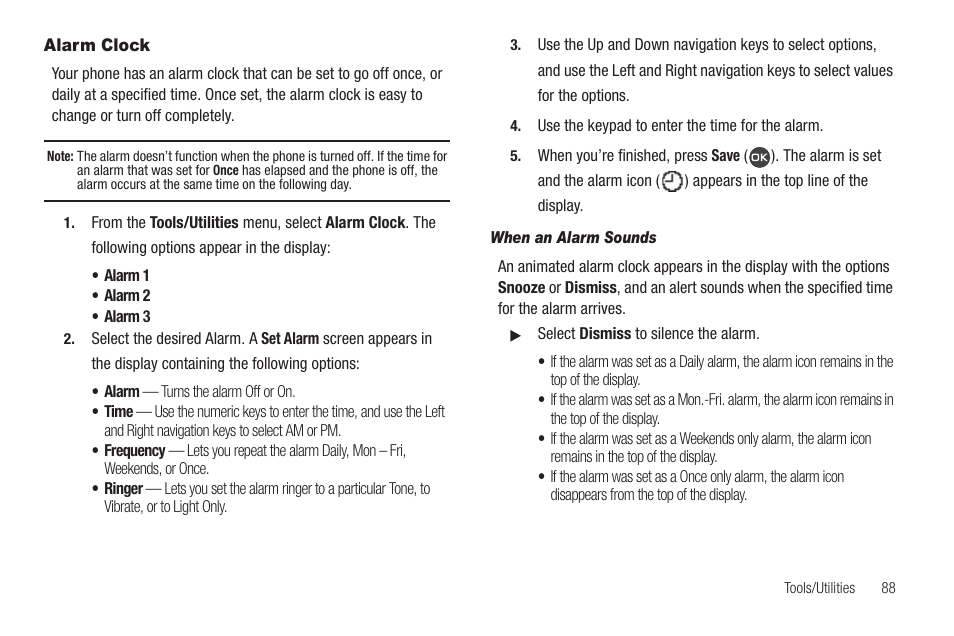 Alarm clock, When an alarm sounds | Samsung SCH-R460WRACRI User Manual | Page 91 / 153