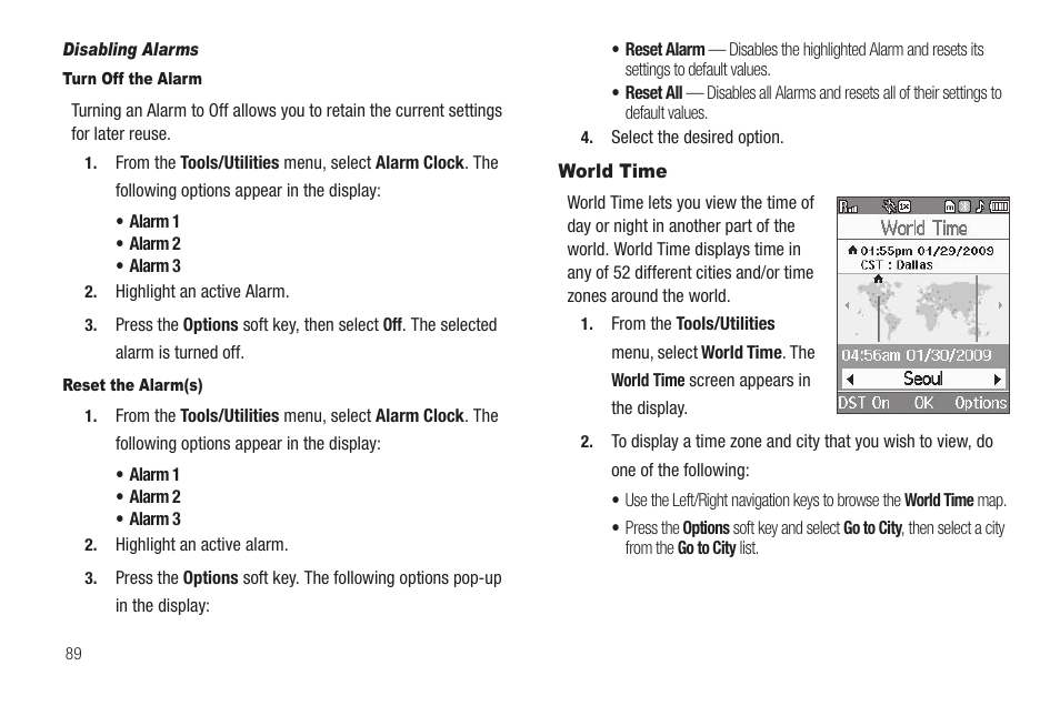 Disabling alarms, Turn off the alarm, Reset the alarm(s) | World time | Samsung SCH-R460WRACRI User Manual | Page 92 / 153