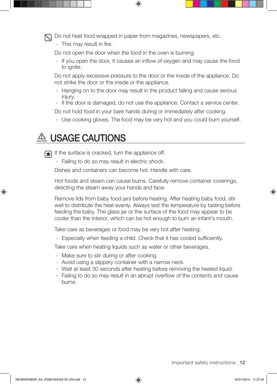 Usage cautions | Samsung NE595R0ABSR-AA User Manual | Page 13 / 60