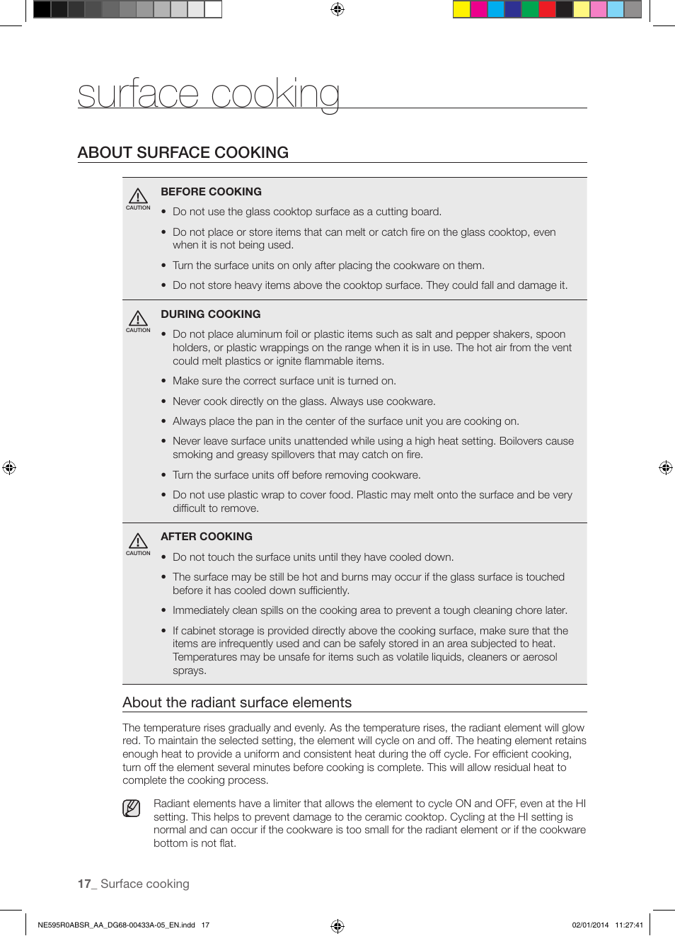 Surface cooking, About surface cooking, About the radiant surface elements | Samsung NE595R0ABSR-AA User Manual | Page 18 / 60