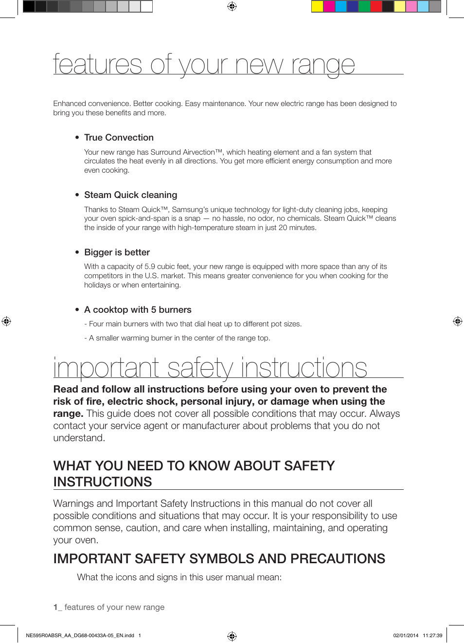 Features of your new range, Important safety instructions, What you need to know about safety instructions | Important safety symbols and precautions | Samsung NE595R0ABSR-AA User Manual | Page 2 / 60