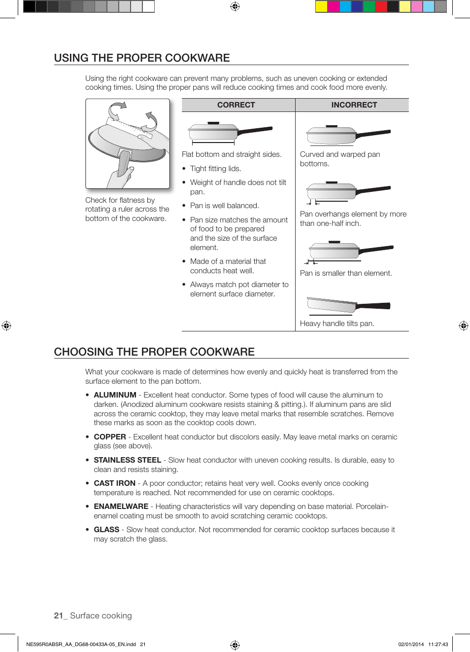 Using the proper cookware, Choosing the proper cookware | Samsung NE595R0ABSR-AA User Manual | Page 22 / 60
