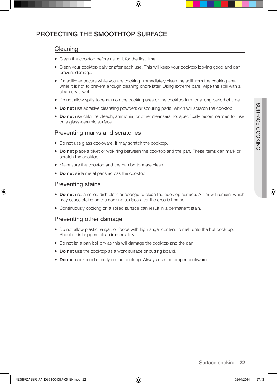 Protecting the smoothtop surface, Cleaning, Preventing marks and scratches | Preventing stains, Preventing other damage | Samsung NE595R0ABSR-AA User Manual | Page 23 / 60