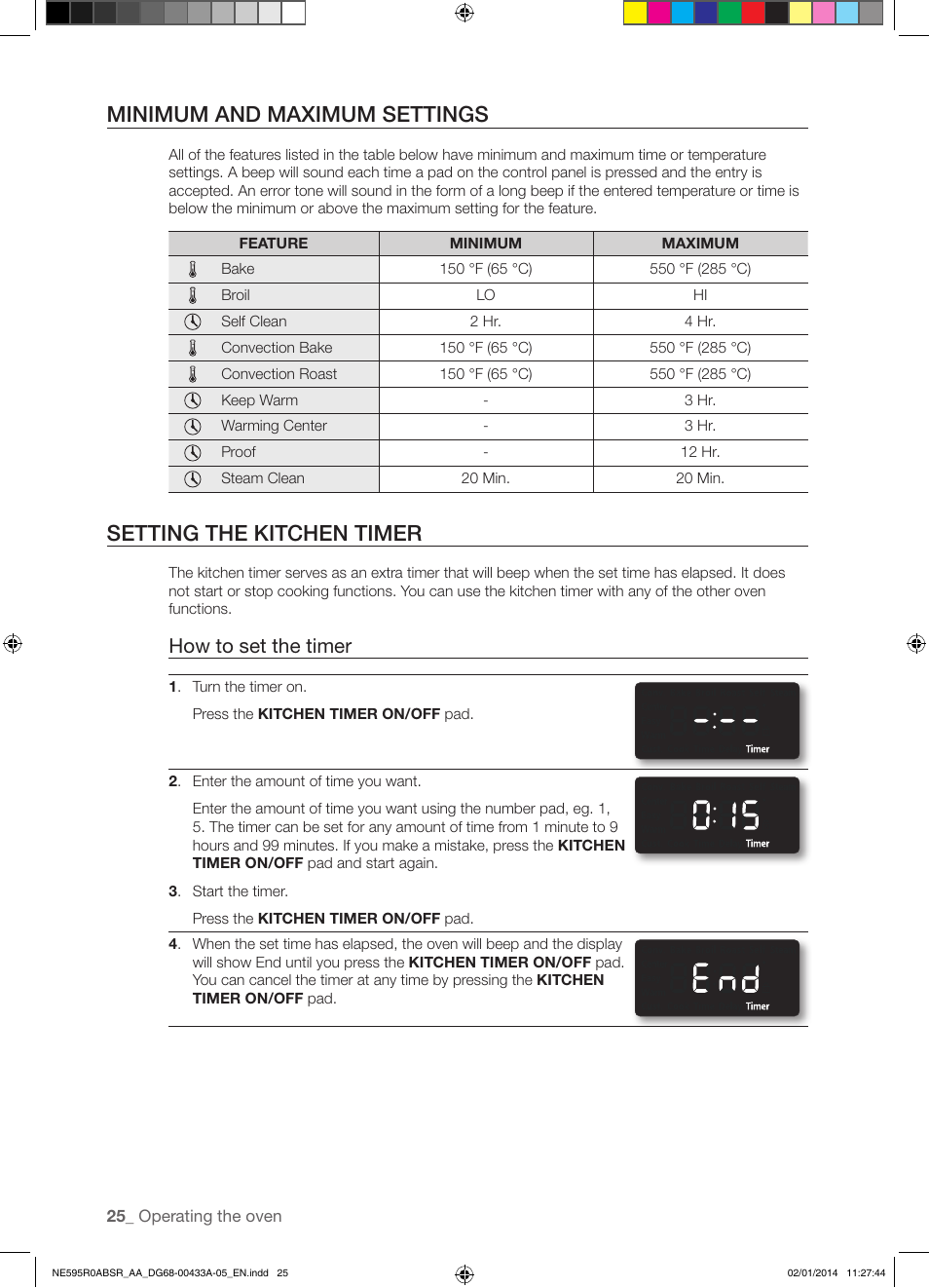 Minimum and maximum settings, Setting the kitchen timer, How to set the timer | Samsung NE595R0ABSR-AA User Manual | Page 26 / 60