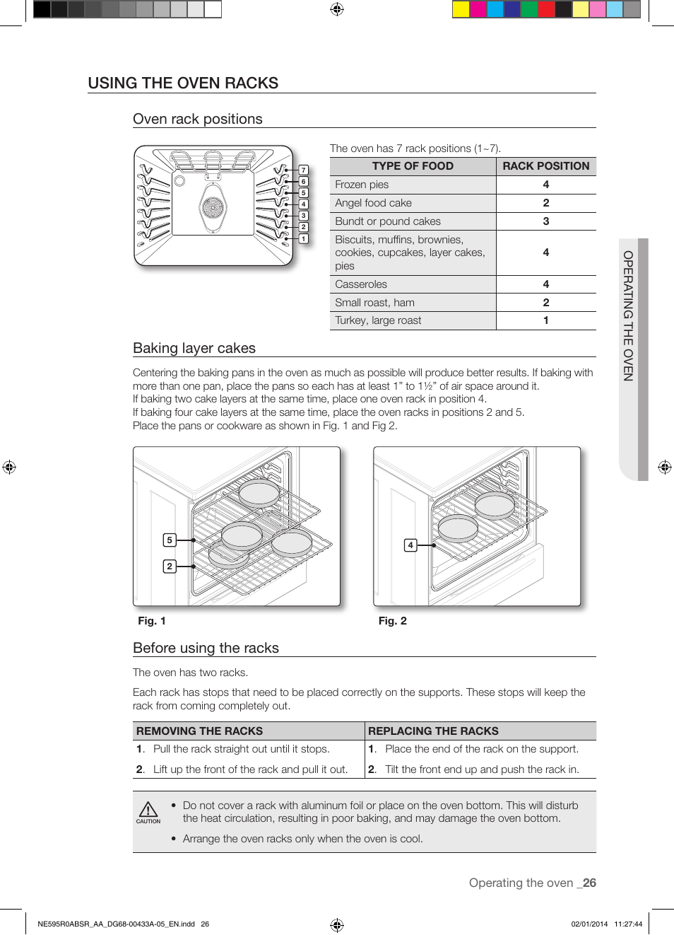 Using the oven racks, Oven rack positions, Baking layer cakes | Before using the racks | Samsung NE595R0ABSR-AA User Manual | Page 27 / 60