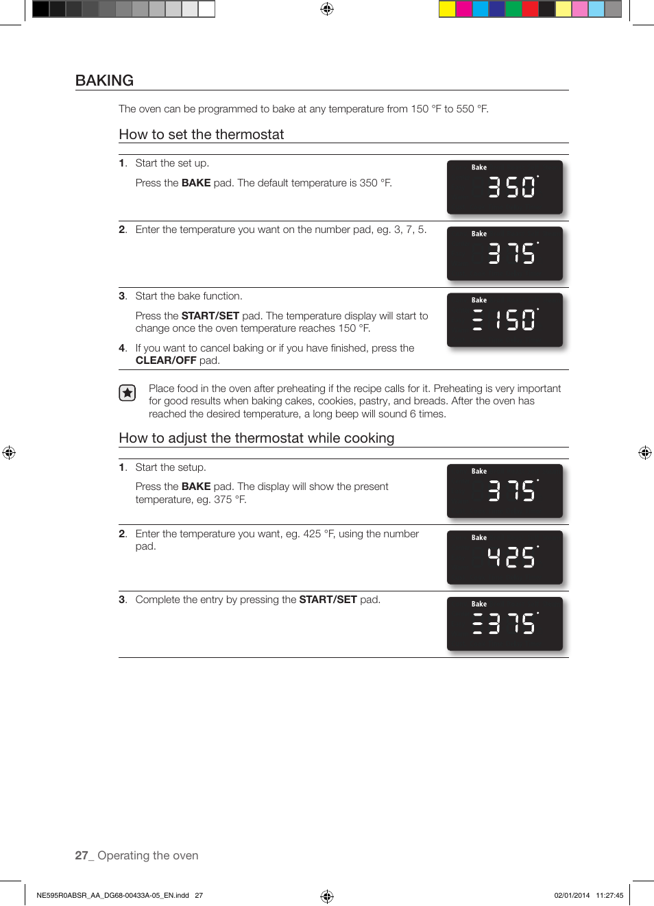 Baking, How to set the thermostat, How to adjust the thermostat while cooking | Samsung NE595R0ABSR-AA User Manual | Page 28 / 60