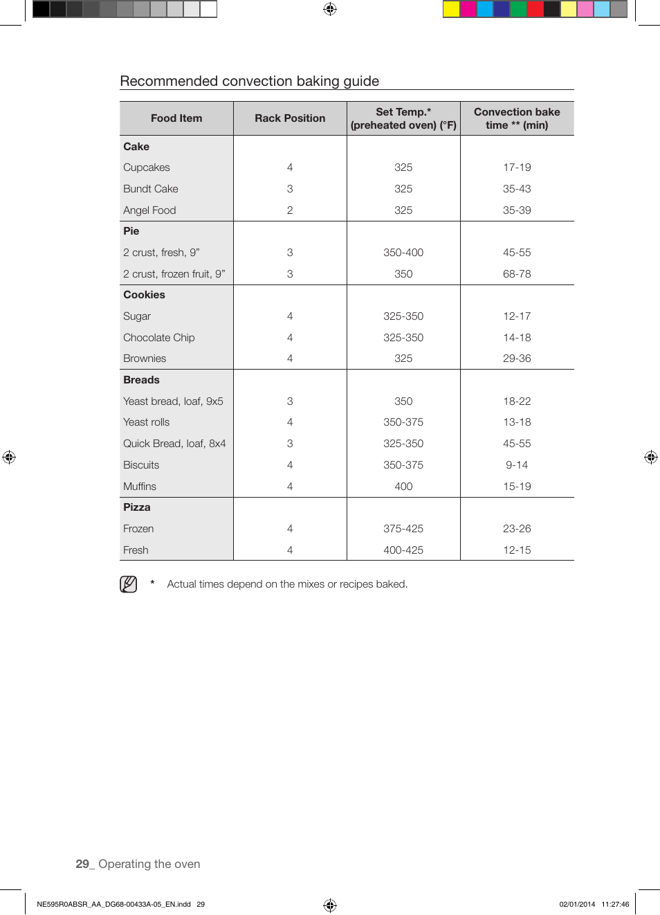 Recommended convection baking guide | Samsung NE595R0ABSR-AA User Manual | Page 30 / 60