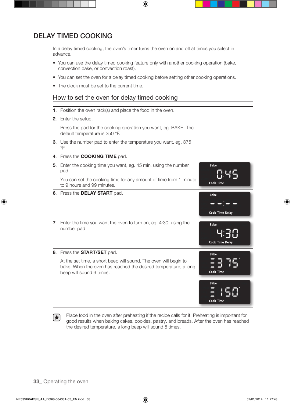 Delay timed cooking, How to set the oven for delay timed cooking | Samsung NE595R0ABSR-AA User Manual | Page 34 / 60