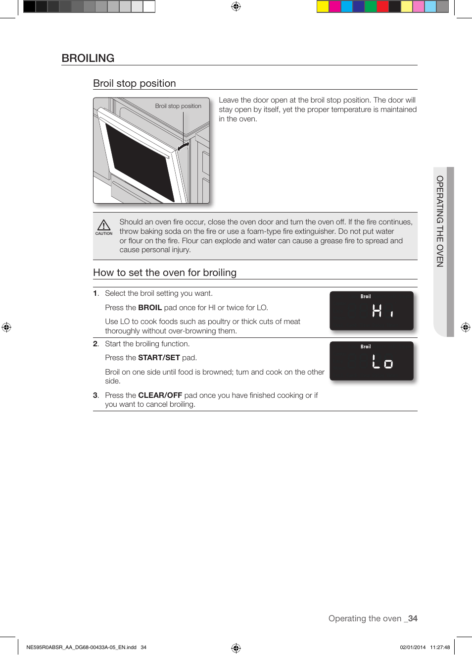 Broiling, Broil stop position, How to set the oven for broiling | Samsung NE595R0ABSR-AA User Manual | Page 35 / 60