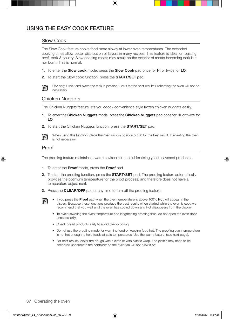 Using the easy cook feature, Slow cook, Chicken nuggets | Proof | Samsung NE595R0ABSR-AA User Manual | Page 38 / 60