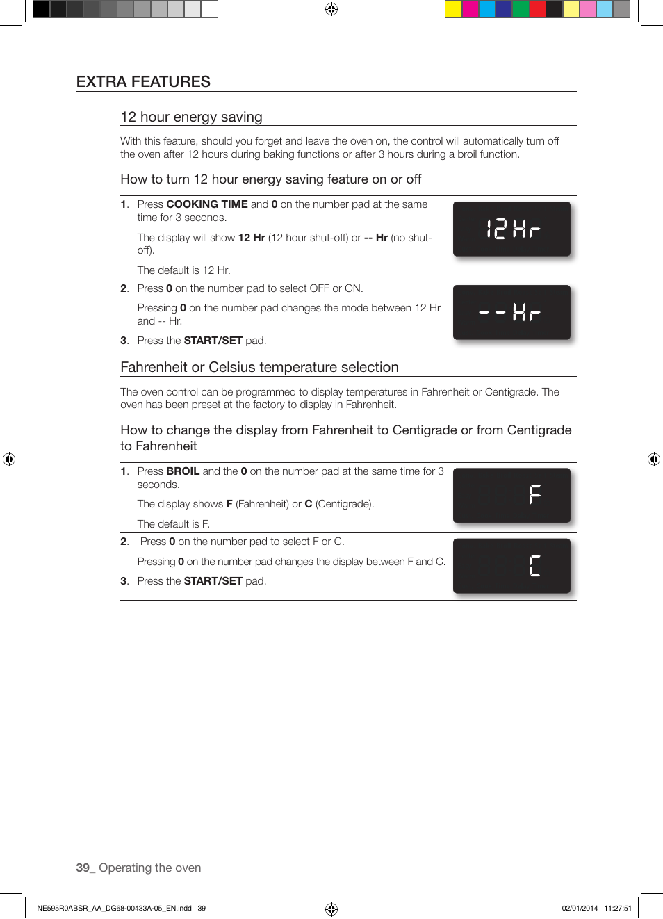 Extra features, 12 hour energy saving, Fahrenheit or celsius temperature selection | Samsung NE595R0ABSR-AA User Manual | Page 40 / 60