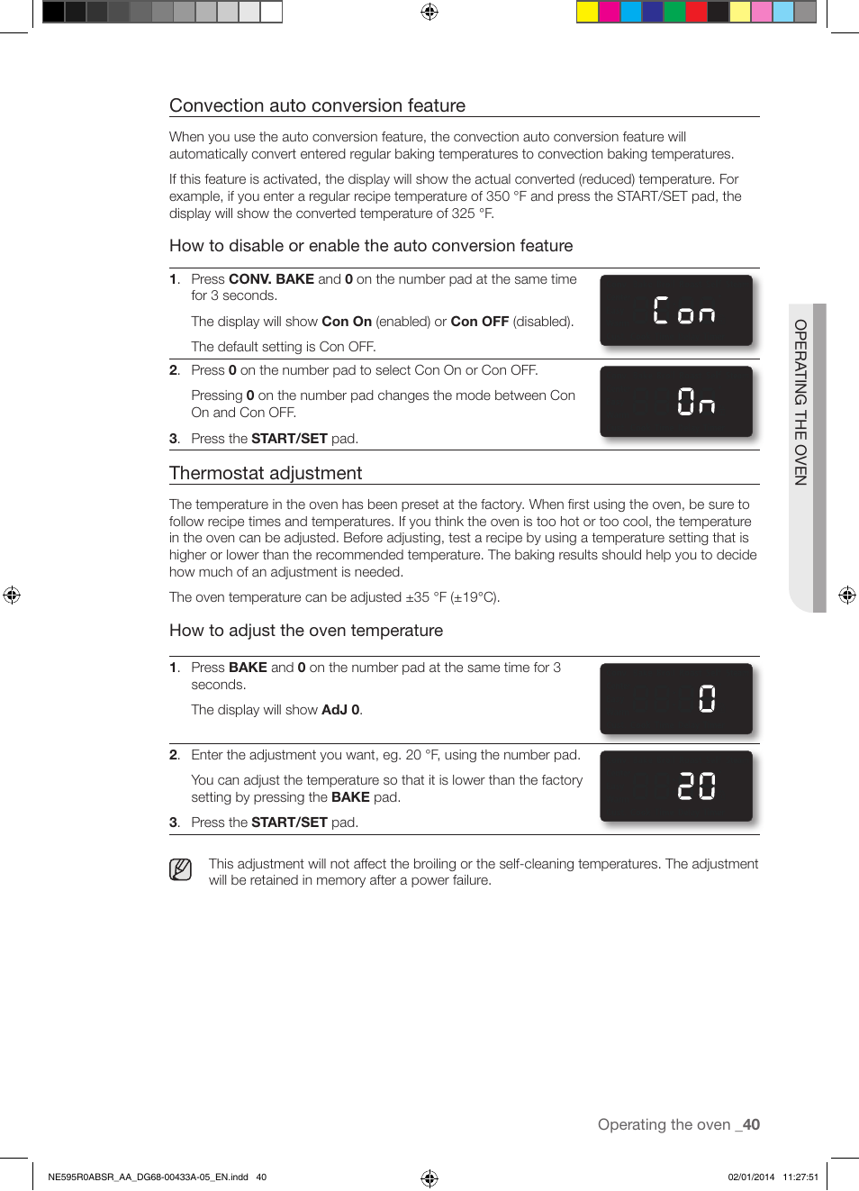 Convection auto conversion feature, Thermostat adjustment, How to adjust the oven temperature | Samsung NE595R0ABSR-AA User Manual | Page 41 / 60