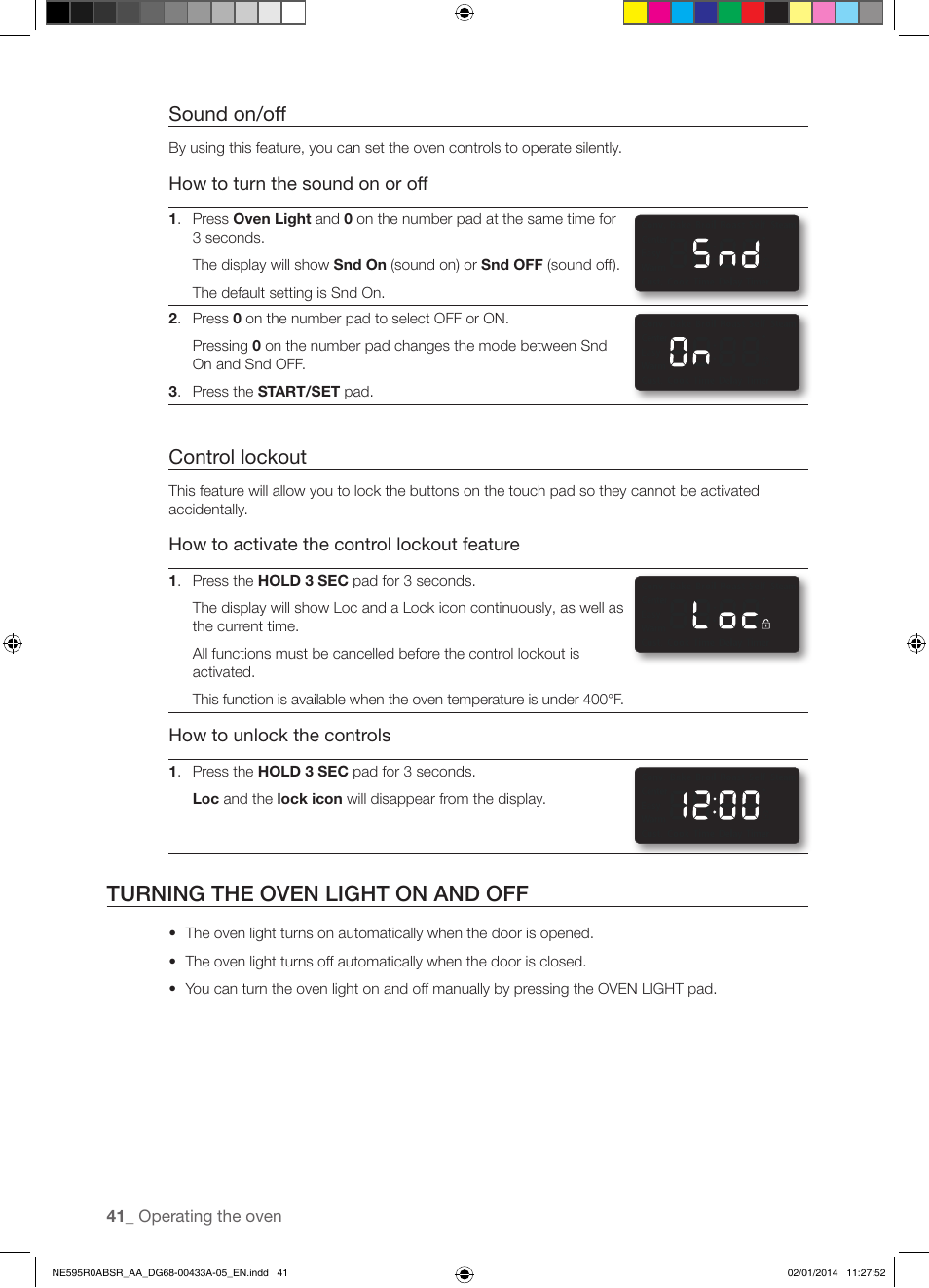 Turning the oven light on and off, Sound on/off, Control lockout | Samsung NE595R0ABSR-AA User Manual | Page 42 / 60