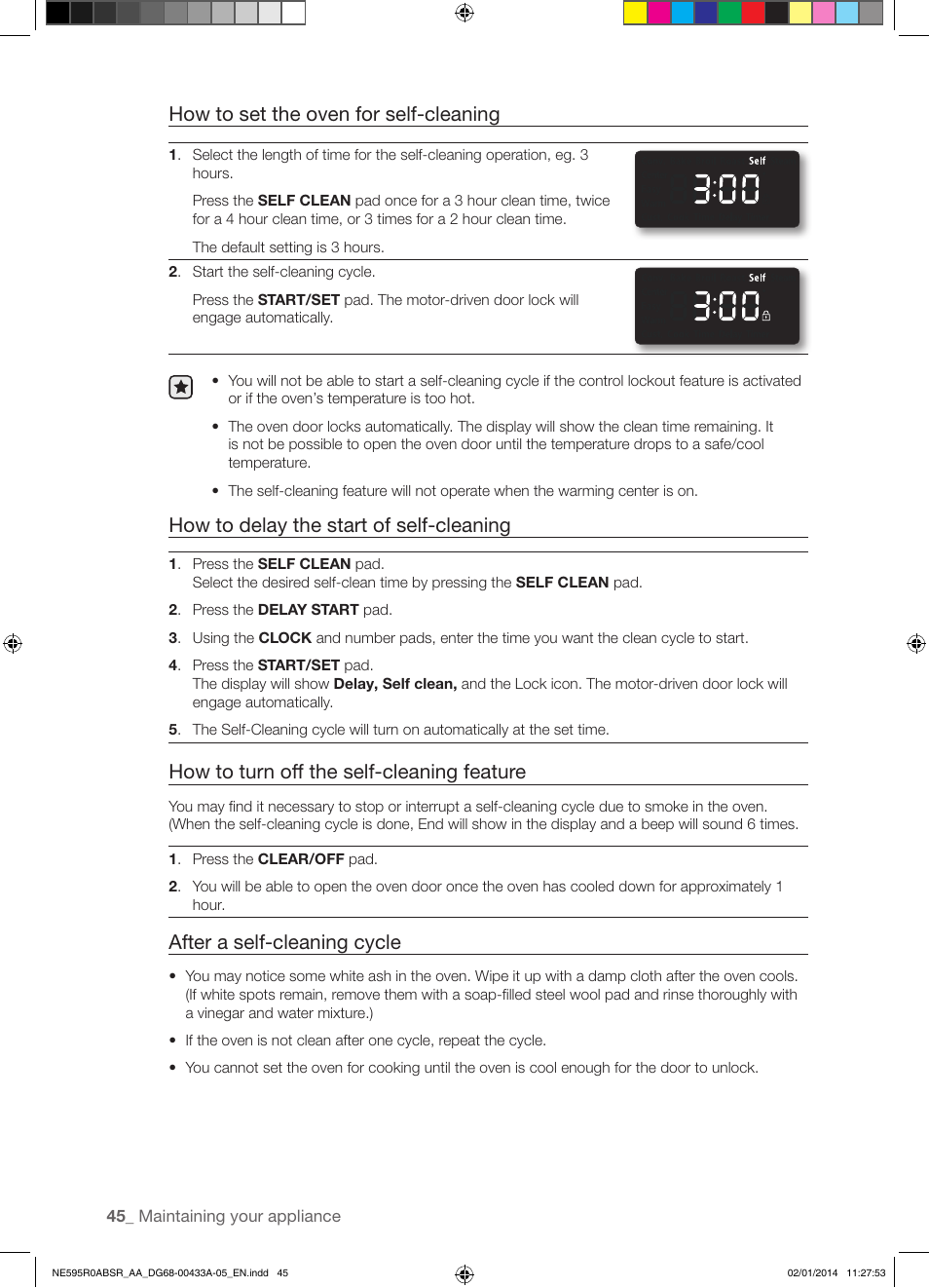 How to set the oven for self-cleaning, How to delay the start of self-cleaning, How to turn off the self-cleaning feature | After a self-cleaning cycle | Samsung NE595R0ABSR-AA User Manual | Page 46 / 60