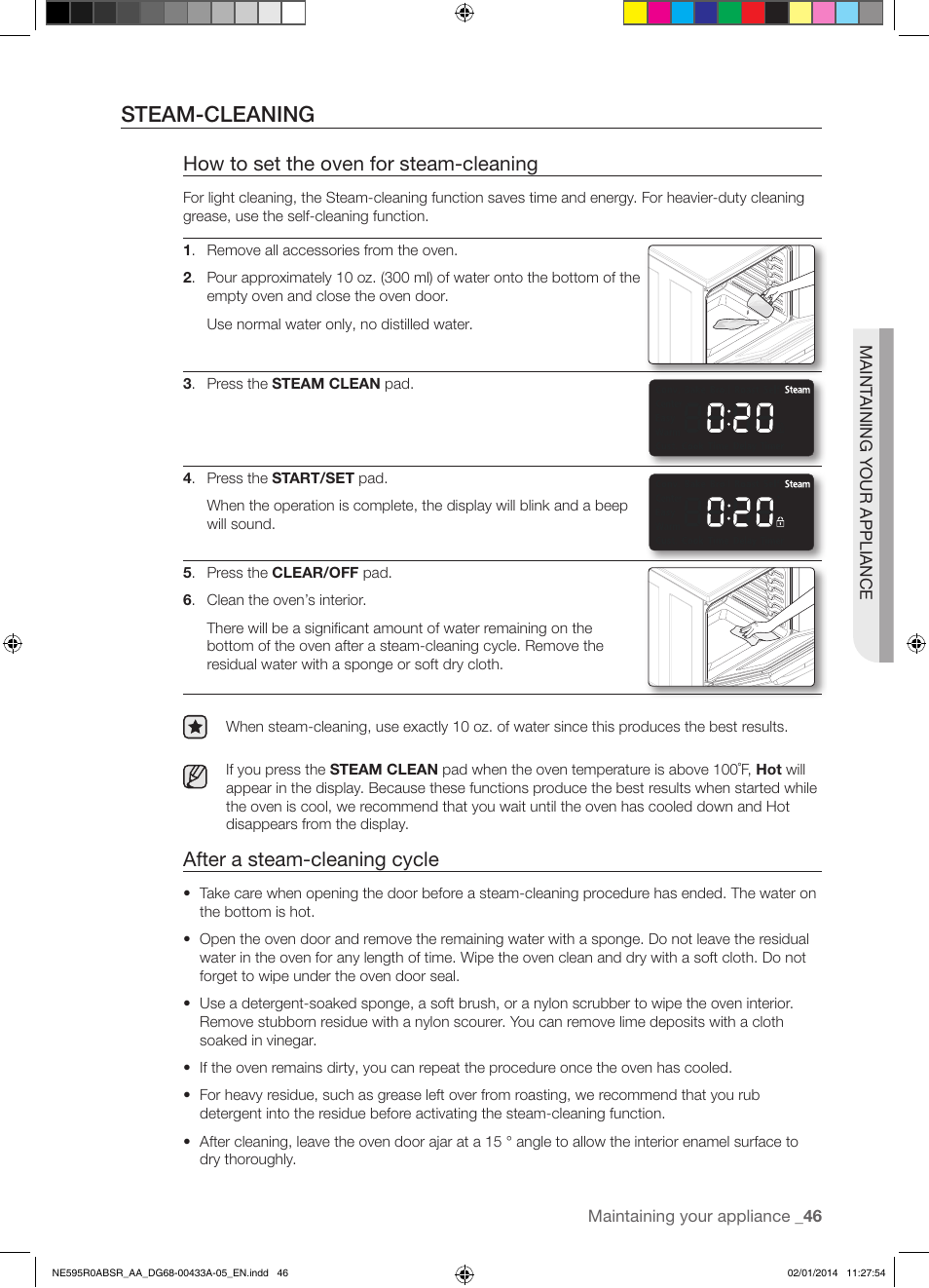 Steam-cleaning, How to set the oven for steam-cleaning, After a steam-cleaning cycle | Samsung NE595R0ABSR-AA User Manual | Page 47 / 60