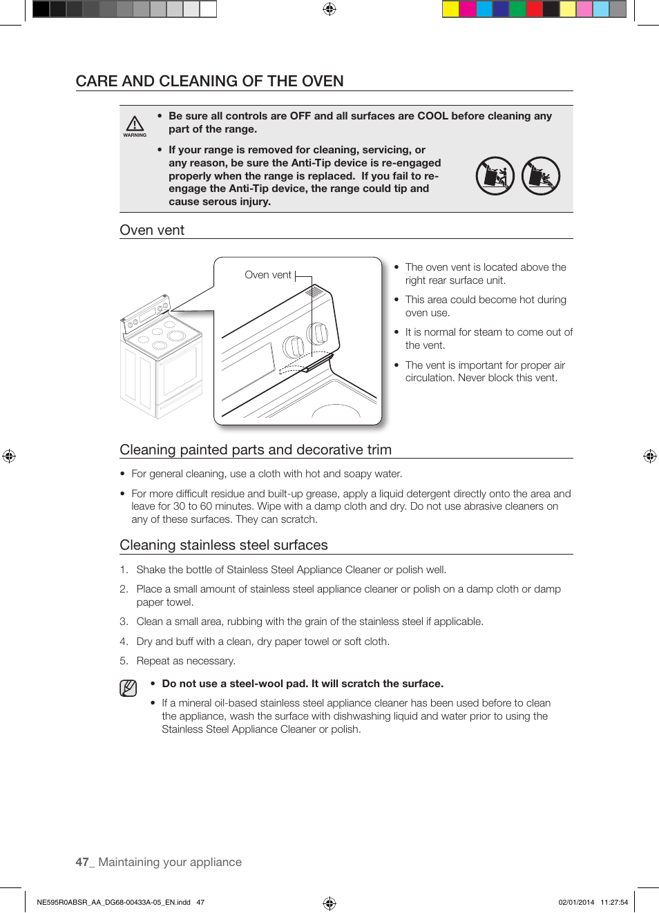 Care and cleaning of the oven, Oven vent, Cleaning painted parts and decorative trim | Cleaning stainless steel surfaces | Samsung NE595R0ABSR-AA User Manual | Page 48 / 60