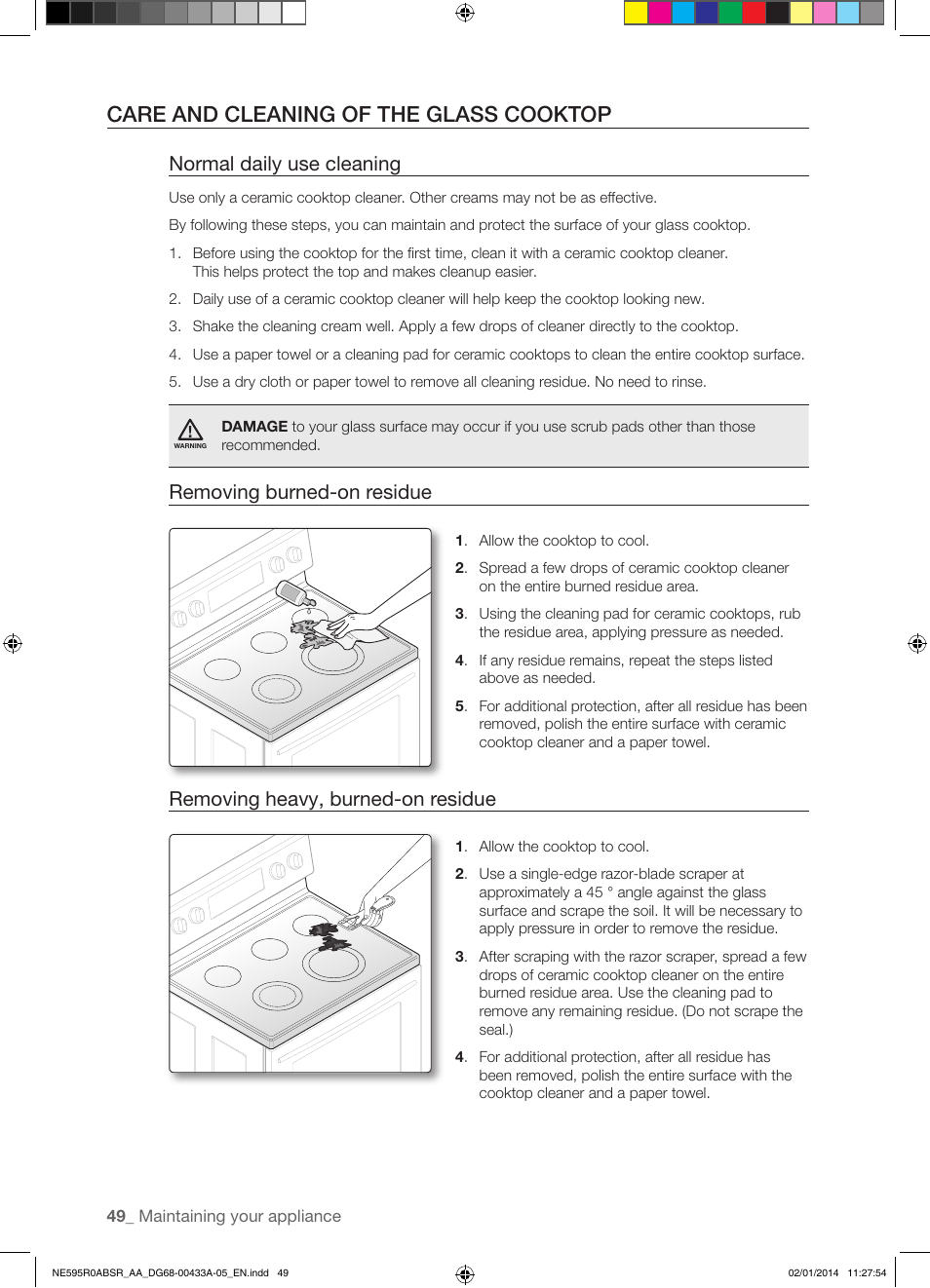 Care and cleaning of the glass cooktop, Normal daily use cleaning, Removing burned-on residue | Removing heavy, burned-on residue | Samsung NE595R0ABSR-AA User Manual | Page 50 / 60