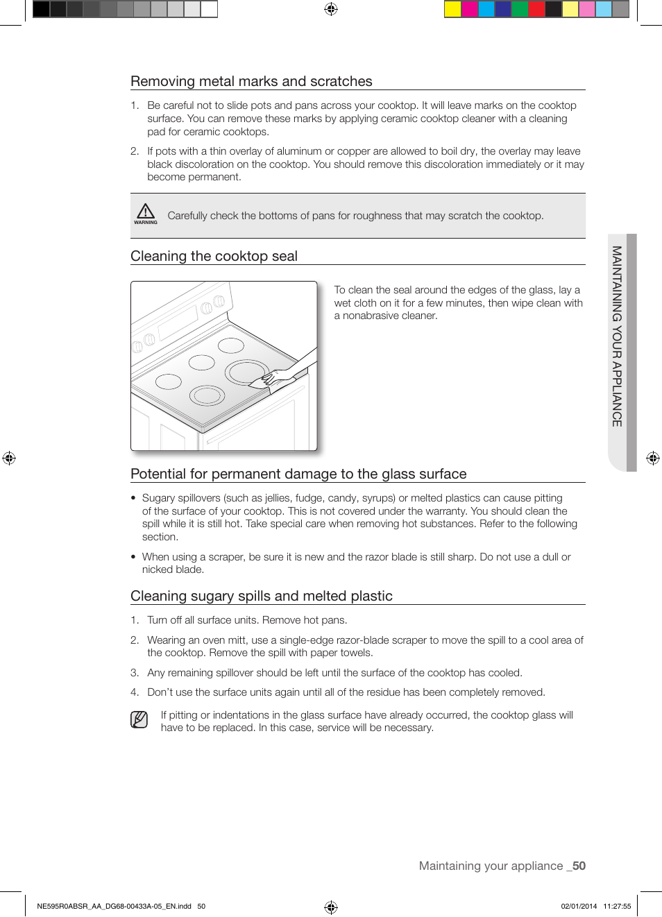 Removing metal marks and scratches, Cleaning the cooktop seal, Cleaning sugary spills and melted plastic | Samsung NE595R0ABSR-AA User Manual | Page 51 / 60