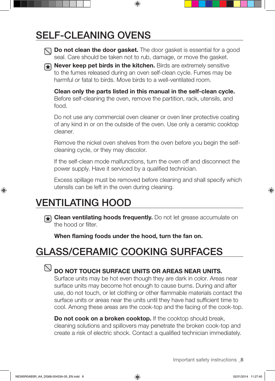 Self-cleaning ovens, Ventilating hood, Glass/ceramic cooking surfaces | Samsung NE595R0ABSR-AA User Manual | Page 9 / 60