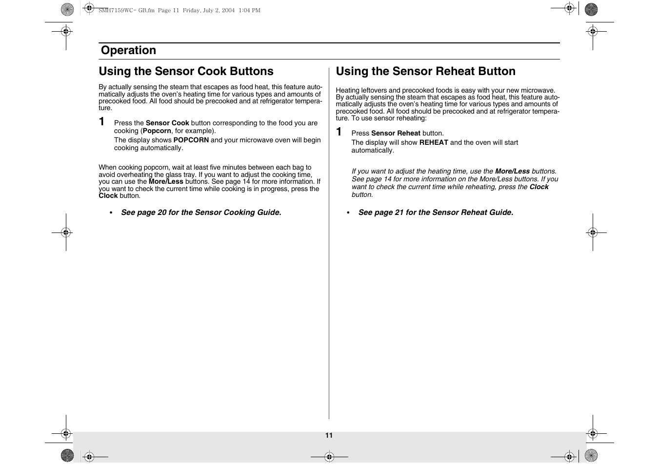 Operation using the sensor cook buttons, Using the sensor reheat button | Samsung SMH7159BC-XAA User Manual | Page 11 / 36