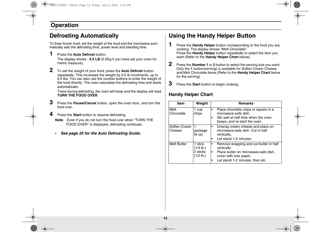 Operation defrosting automatically, Using the handy helper button 1 | Samsung SMH7159BC-XAA User Manual | Page 12 / 36