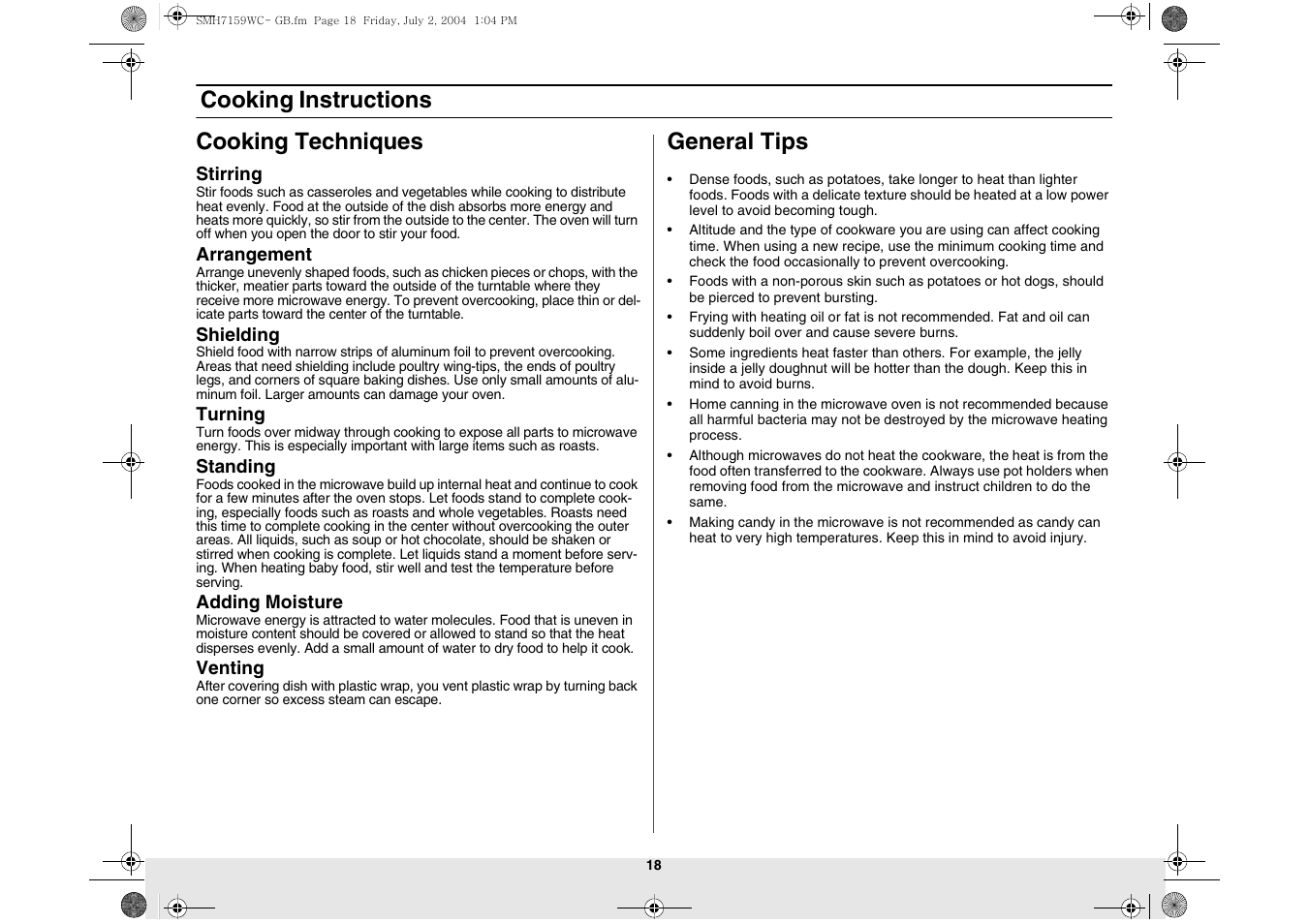 Cooking instructions cooking techniques, General tips | Samsung SMH7159BC-XAA User Manual | Page 18 / 36