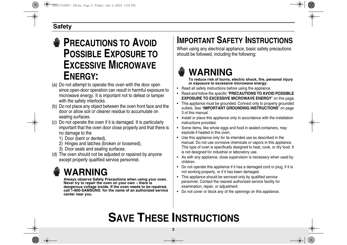 Safety, Hese, Nstructions | Warning, Recautions to, Void, Ossible, Xposure to, Xcessive, Icrowave | Samsung SMH7159BC-XAA User Manual | Page 2 / 36