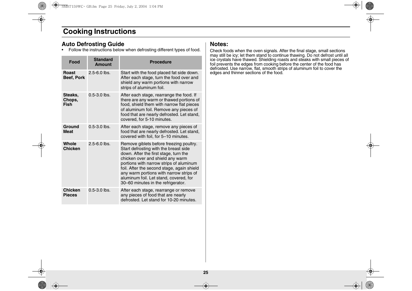 Cooking instructions | Samsung SMH7159BC-XAA User Manual | Page 25 / 36