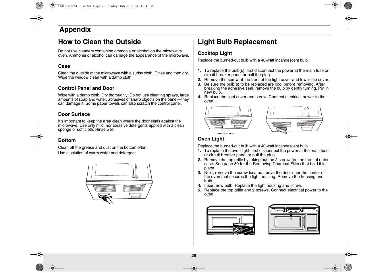 Appendix how to clean the outside, Light bulb replacement | Samsung SMH7159BC-XAA User Manual | Page 29 / 36