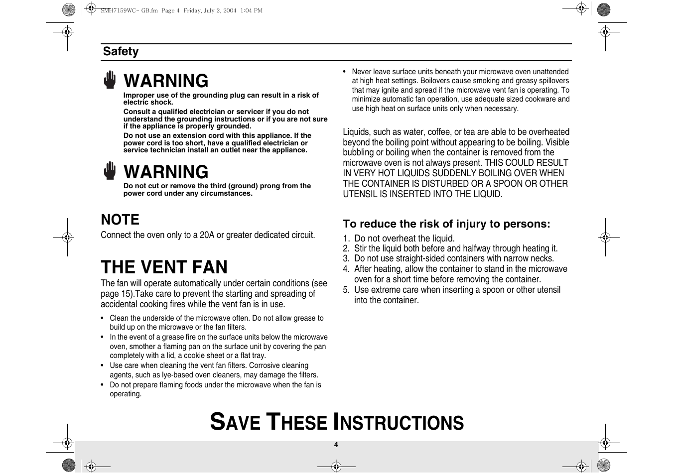 Hese, Nstructions, Warning | The vent fan | Samsung SMH7159BC-XAA User Manual | Page 4 / 36