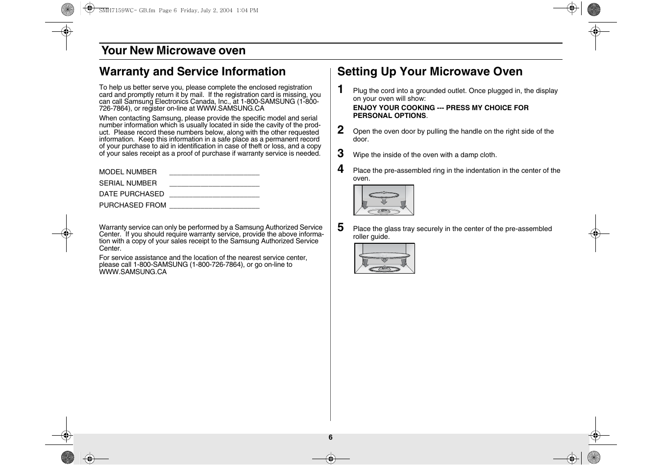 Setting up your microwave oven 1 | Samsung SMH7159BC-XAA User Manual | Page 6 / 36