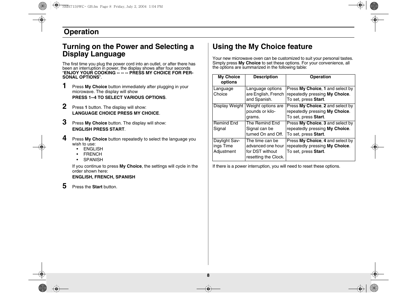 Operation, Using the my choice feature | Samsung SMH7159BC-XAA User Manual | Page 8 / 36
