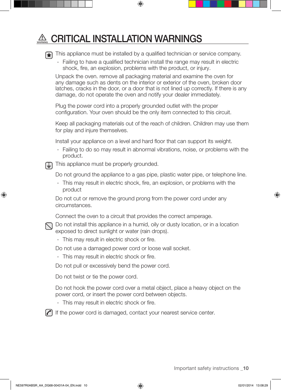 Critical installation warnings | Samsung NE597R0ABSR-AA User Manual | Page 11 / 64