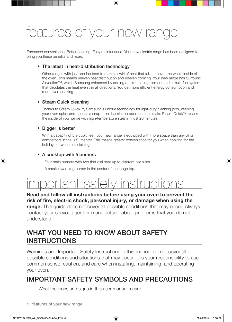 Features of your new range, Important safety instructions, What you need to know about safety instructions | Important safety symbols and precautions | Samsung NE597R0ABSR-AA User Manual | Page 2 / 64