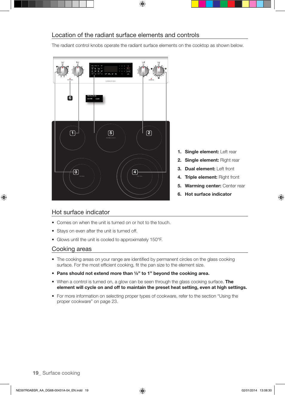 Hot surface indicator, Cooking areas | Samsung NE597R0ABSR-AA User Manual | Page 20 / 64