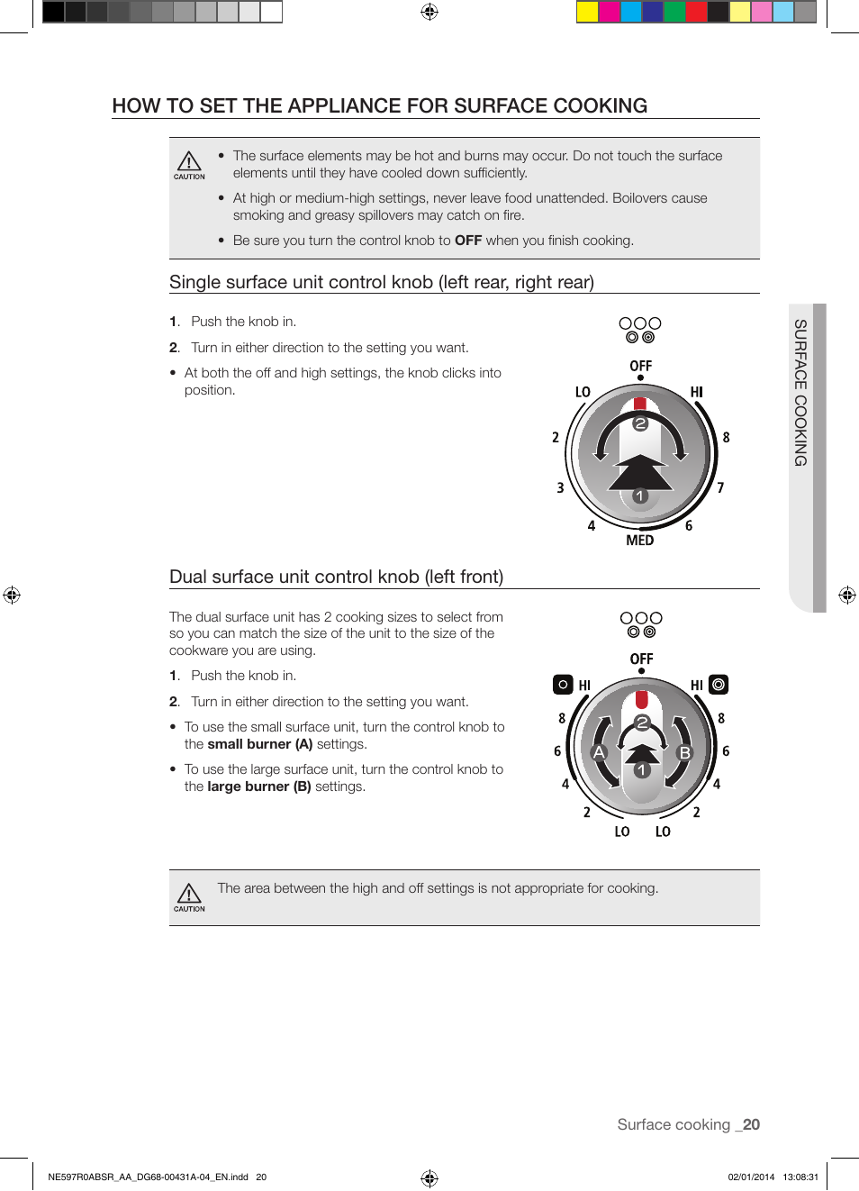 How to set the appliance for surface cooking, Dual surface unit control knob (left front) | Samsung NE597R0ABSR-AA User Manual | Page 21 / 64