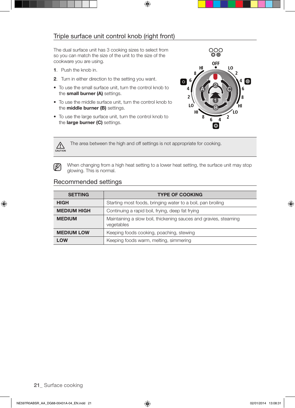 Triple surface unit control knob (right front), Recommended settings | Samsung NE597R0ABSR-AA User Manual | Page 22 / 64