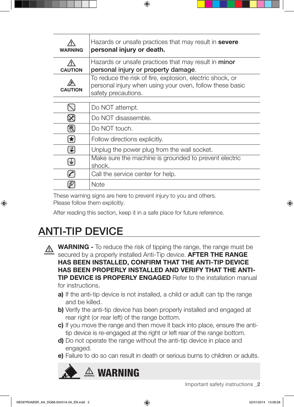 Anti-tip device, Warning | Samsung NE597R0ABSR-AA User Manual | Page 3 / 64