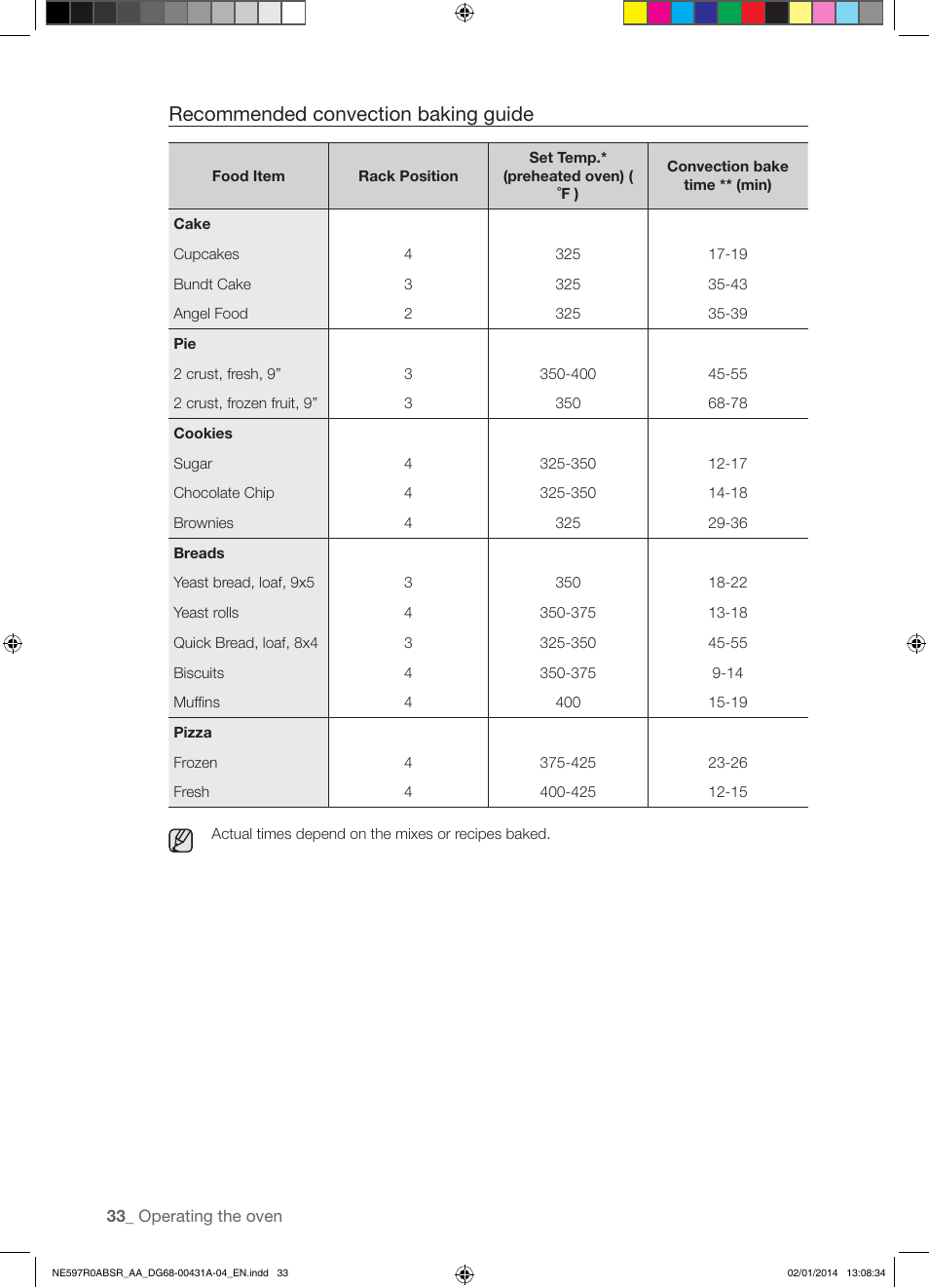 Recommended convection baking guide | Samsung NE597R0ABSR-AA User Manual | Page 34 / 64