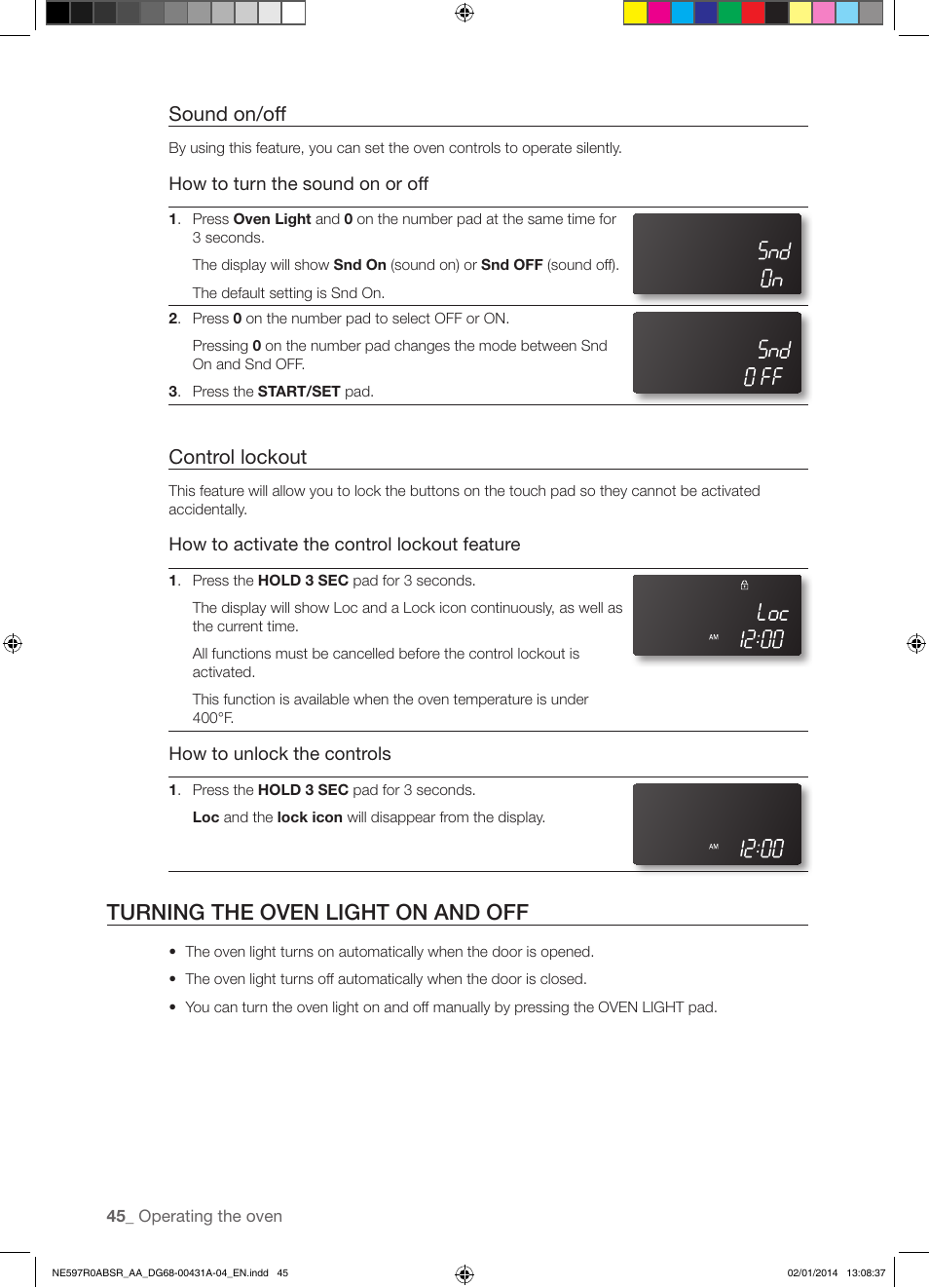 Turning the oven light on and off, Sound on/off, Control lockout | Samsung NE597R0ABSR-AA User Manual | Page 46 / 64