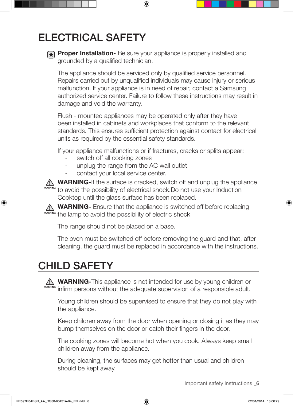 Electrical safety, Child safety | Samsung NE597R0ABSR-AA User Manual | Page 7 / 64