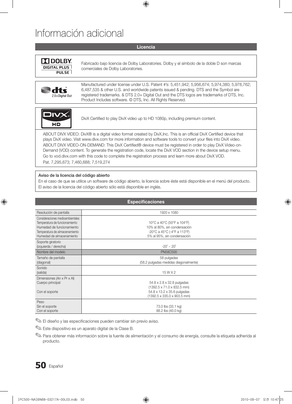 Información adicional | Samsung PN58C500G2FXZA User Manual | Page 102 / 156