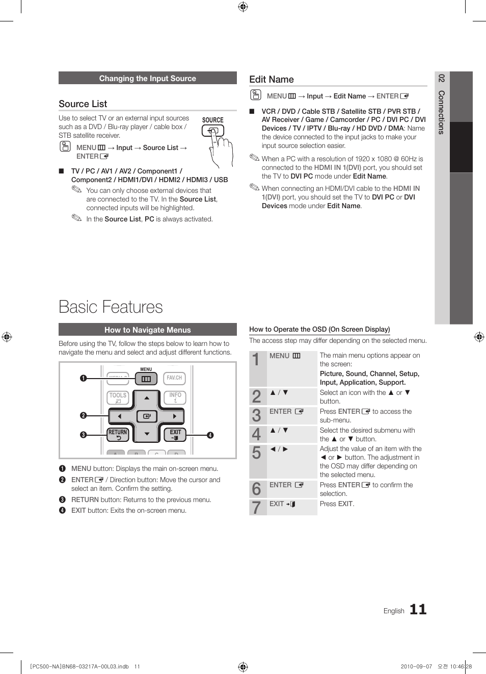 Basic features, Source list, Edit name | Samsung PN58C500G2FXZA User Manual | Page 11 / 156