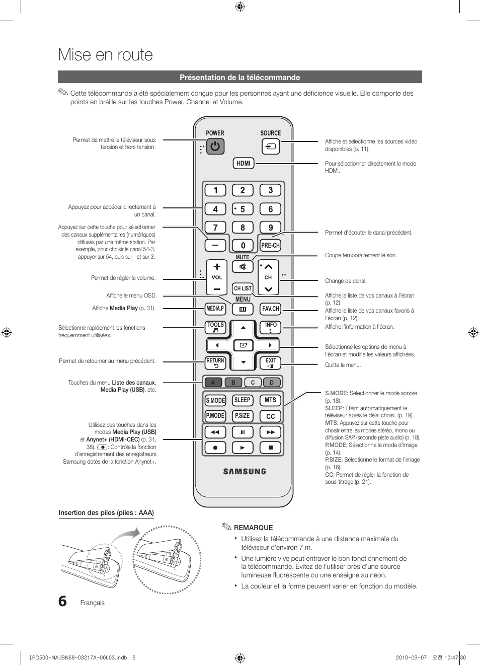 Mise en route | Samsung PN58C500G2FXZA User Manual | Page 110 / 156